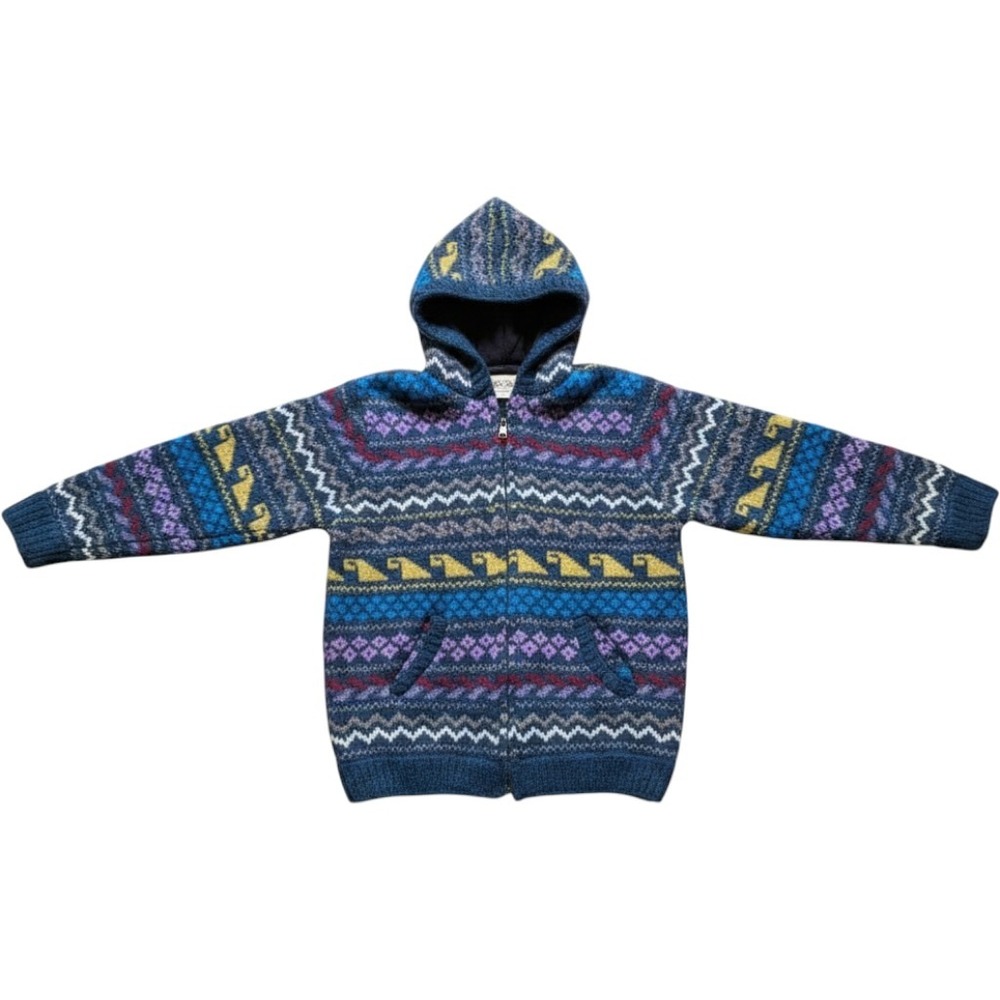 Nepal 100% Wool Fleece Lined Fair Isle Full Zip Hoodie Sweater Blue Purple XXL